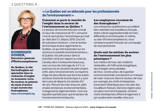 Article de Dominique Dodier dans Le Figaro : numéro spécial "Vivre au Canada pourquoi pas vous ?"