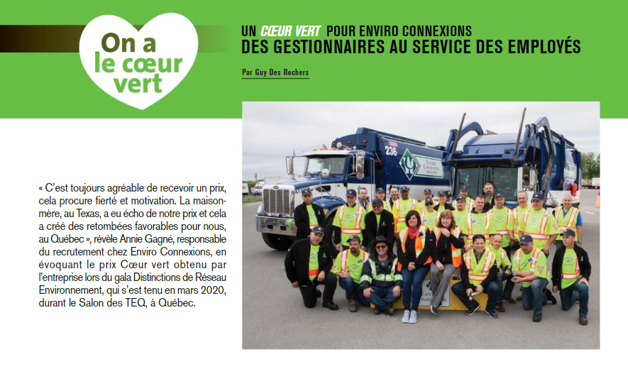 Article dans le magazine 3RVE : Un cœur vert pour Enviro Connexions, des gestionnaires au service des employés