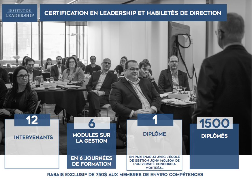 EnviroCompétences est fier d'offrir un rabais de 750$ à tous ses partenaires sur le programme de Certification en leadership et habiletés de direction